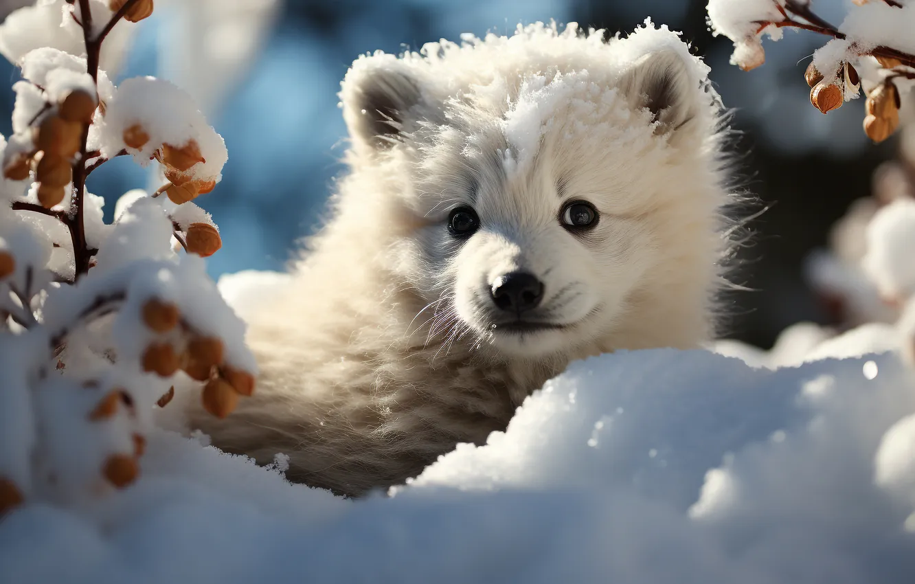 Photo wallpaper winter, white, look, light, snow, branches, berries, sweetheart