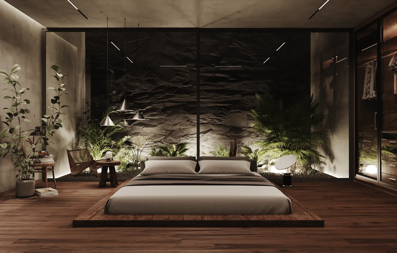 Photo wallpaper design, room, plant, interior, bedroom, ekostil