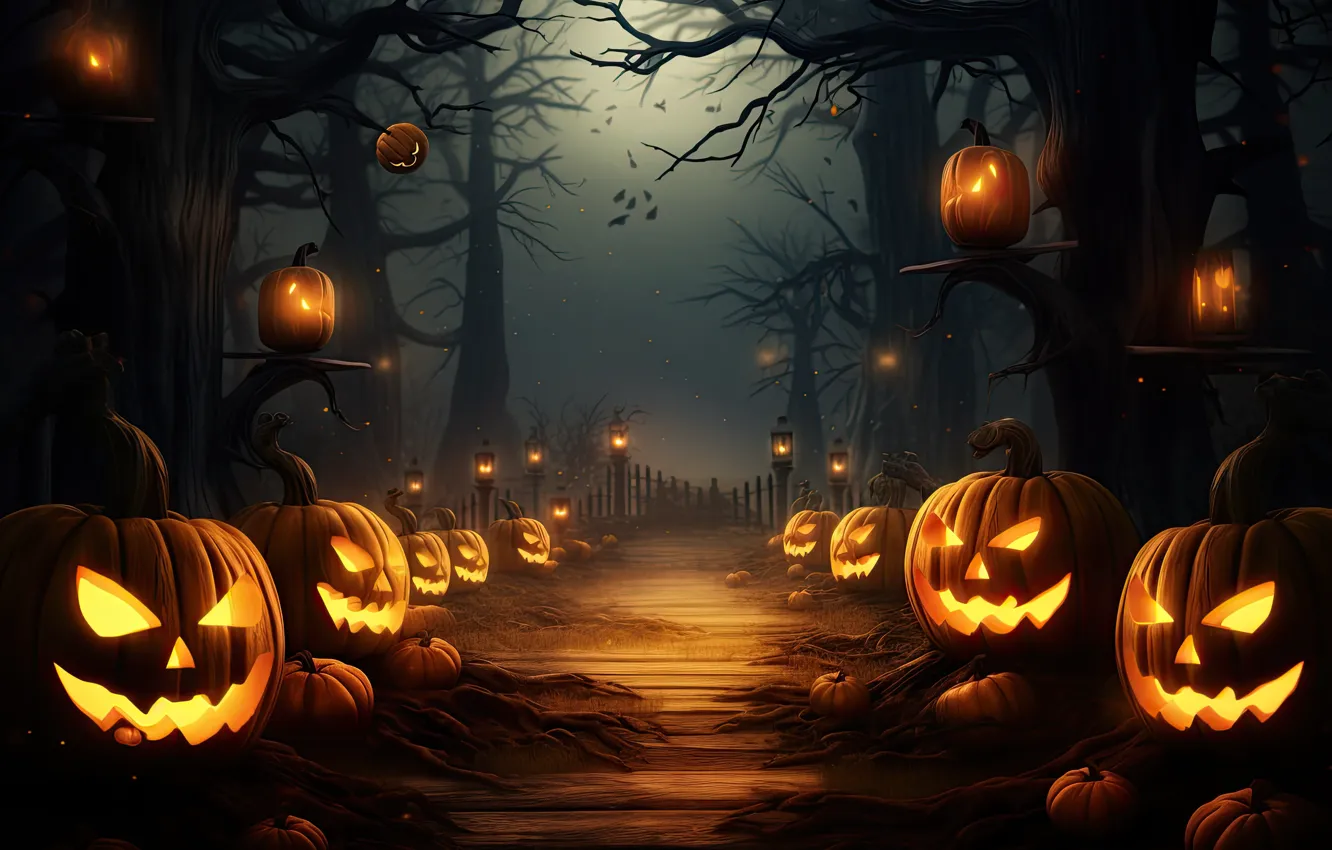 Photo wallpaper road, autumn, light, trees, night, branches, lights, fog