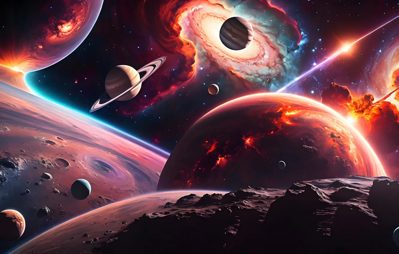 Photo wallpaper space, nebula, planet, Saturn