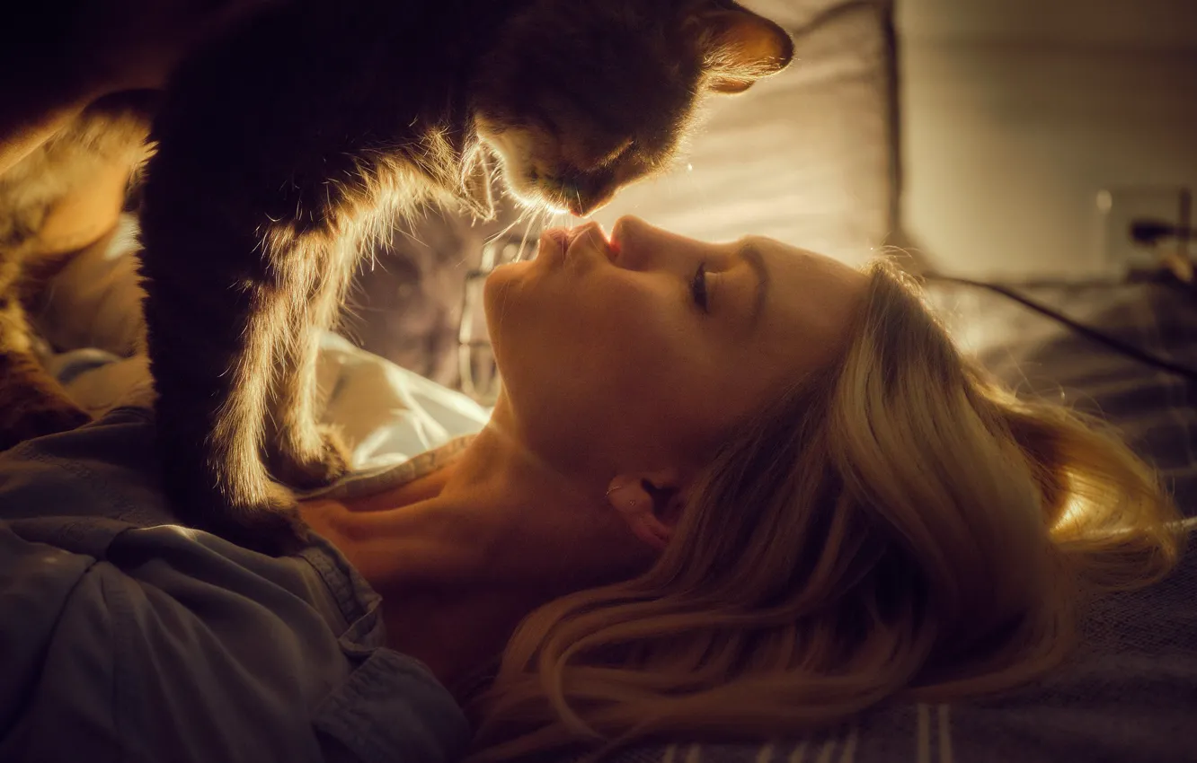 Photo wallpaper cat, girl, love, face, kiss
