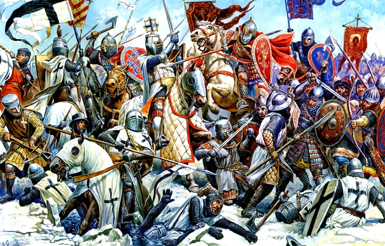 Photo wallpaper water, figure, ice, armor, horse, swords, knights, shields