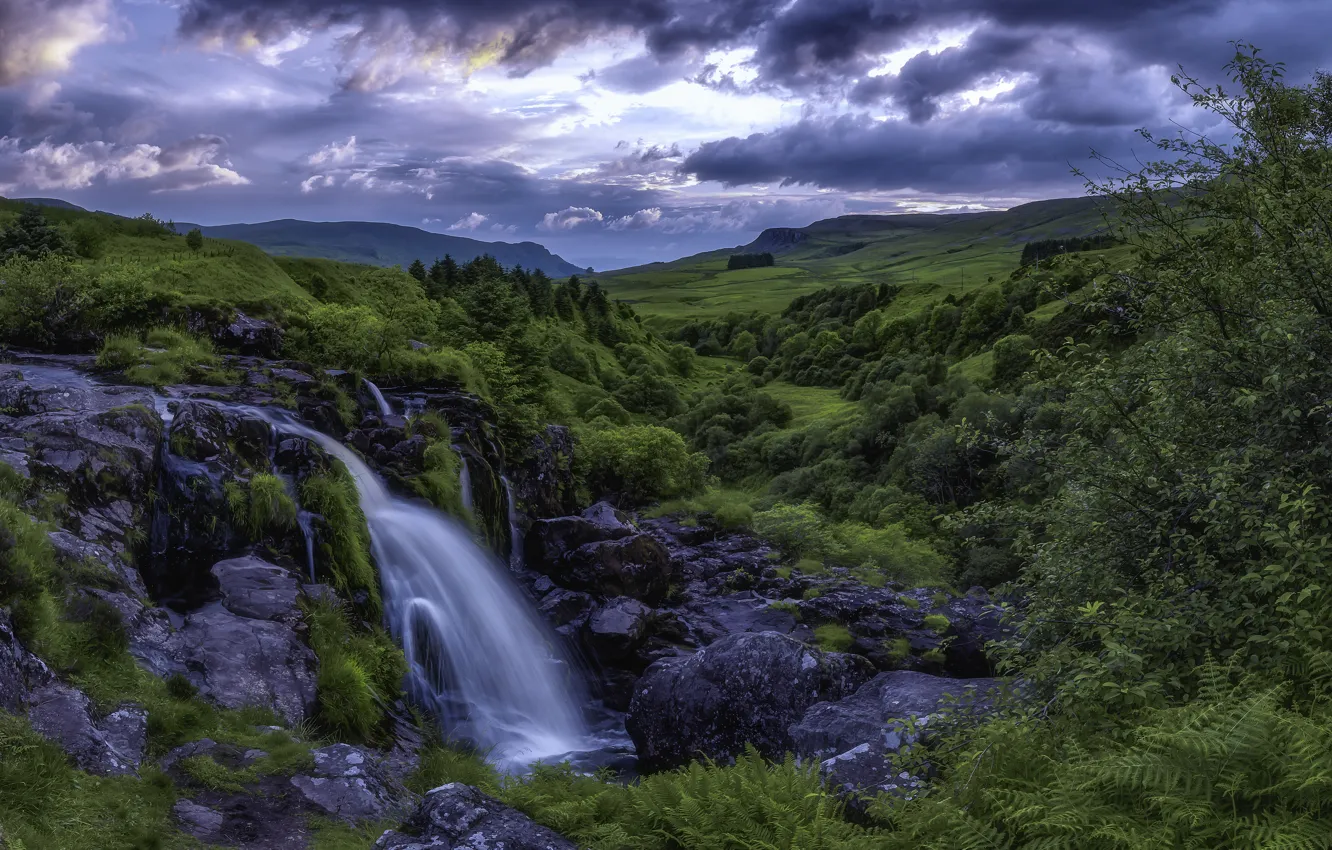 Photo wallpaper greens, stones, waterfall, valley, Scotland, cascade, Scotland, Fintry