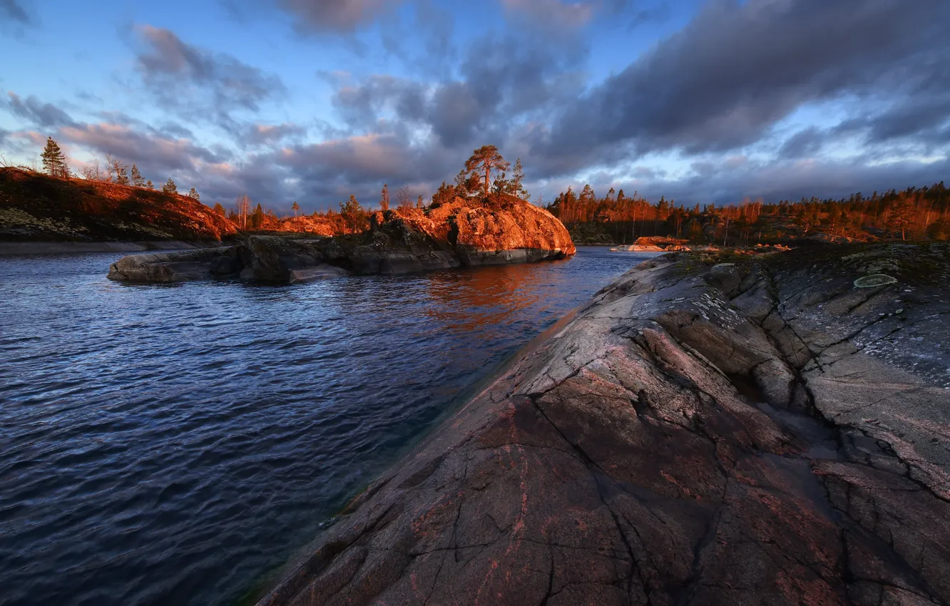 Photo wallpaper the sky, clouds, trees, sunset, stones, Lake Ladoga, Ladoga, Maxim Evdokimov