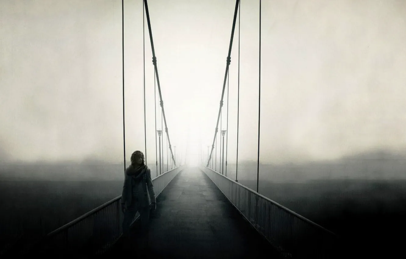 Photo wallpaper bridge, black and white, passers-by