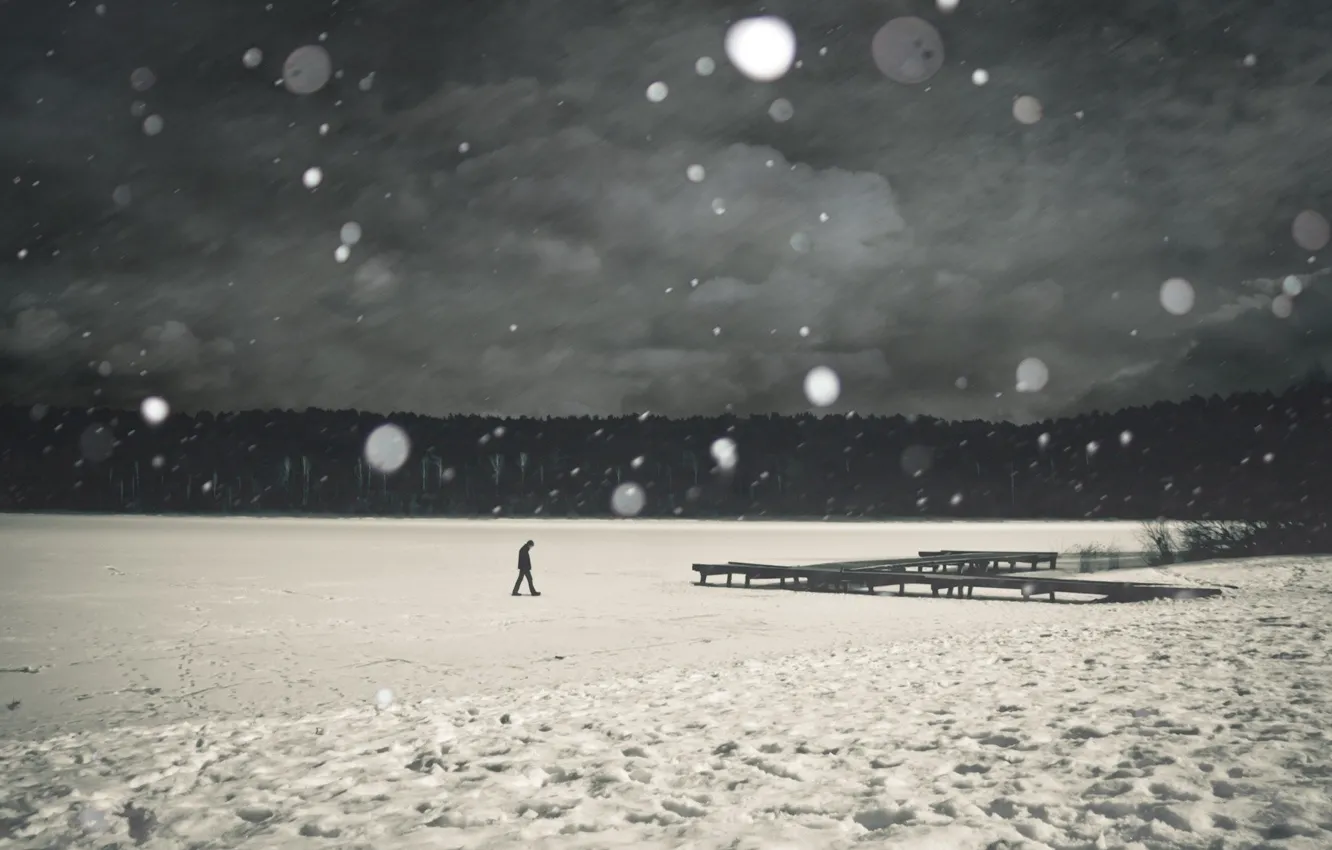 Photo wallpaper ice, snow, trees, river, loneliness, grey, people, pierce