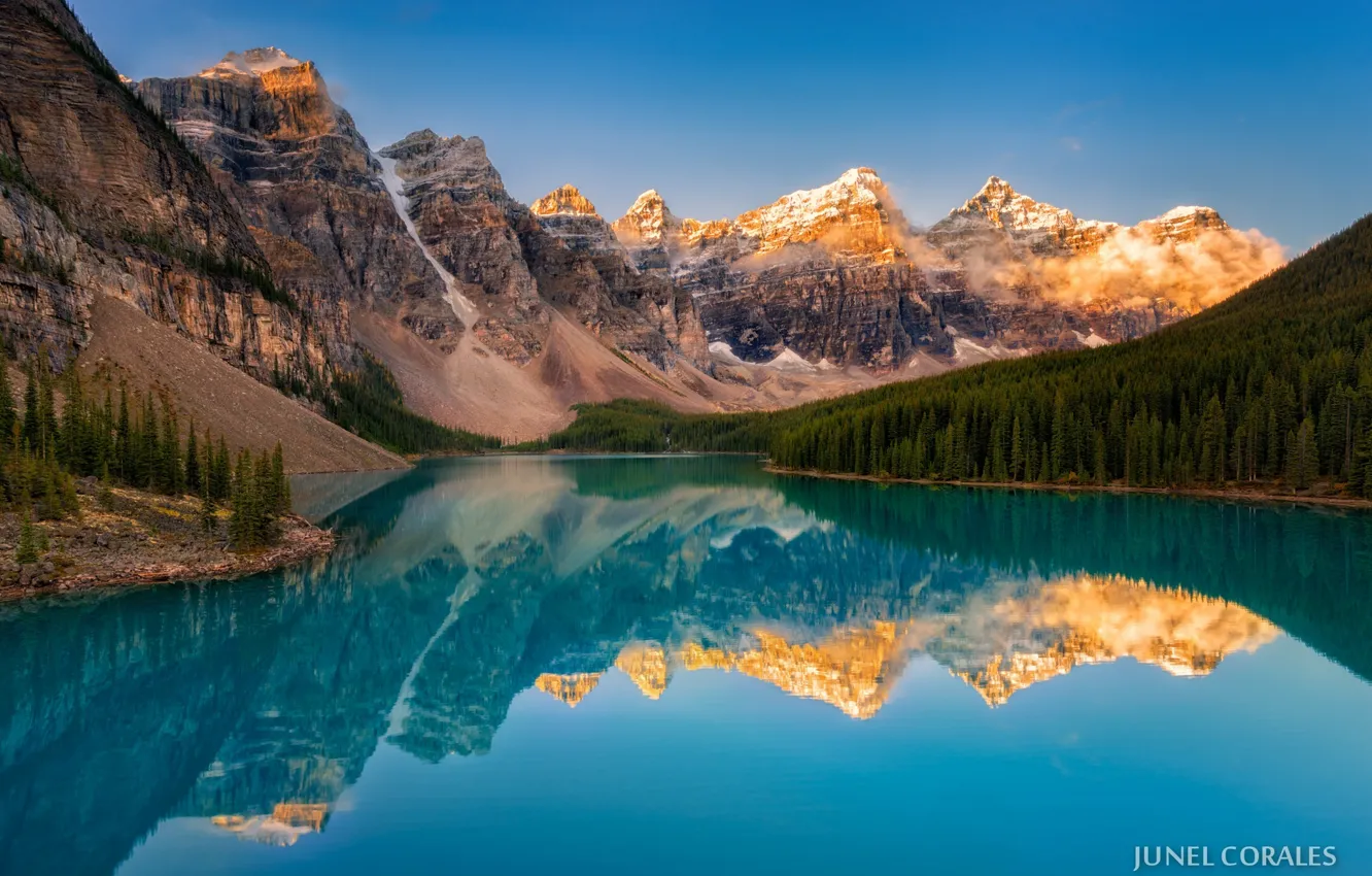 Photo wallpaper forest, trees, mountains, lake, morning, Canada