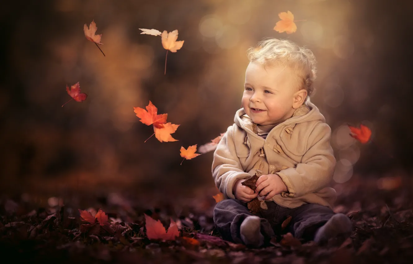 Photo wallpaper autumn, leaves, nature, children, boy, baby, jacket, bokeh