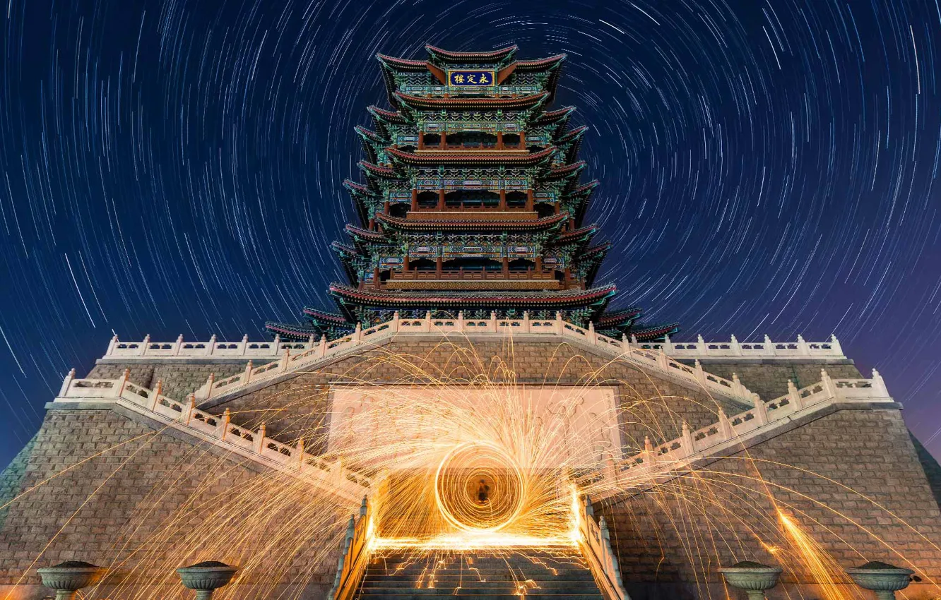 Photo wallpaper pagoda, Beijing, stars, China, HDR