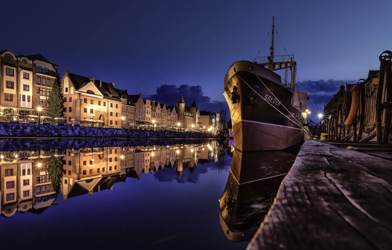 Photo wallpaper night, the city, river, ship, home, lighting, Poland, lights