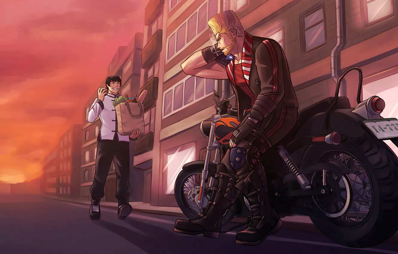 Photo wallpaper sunset, the city, motorcycle, guys, Tekken 7