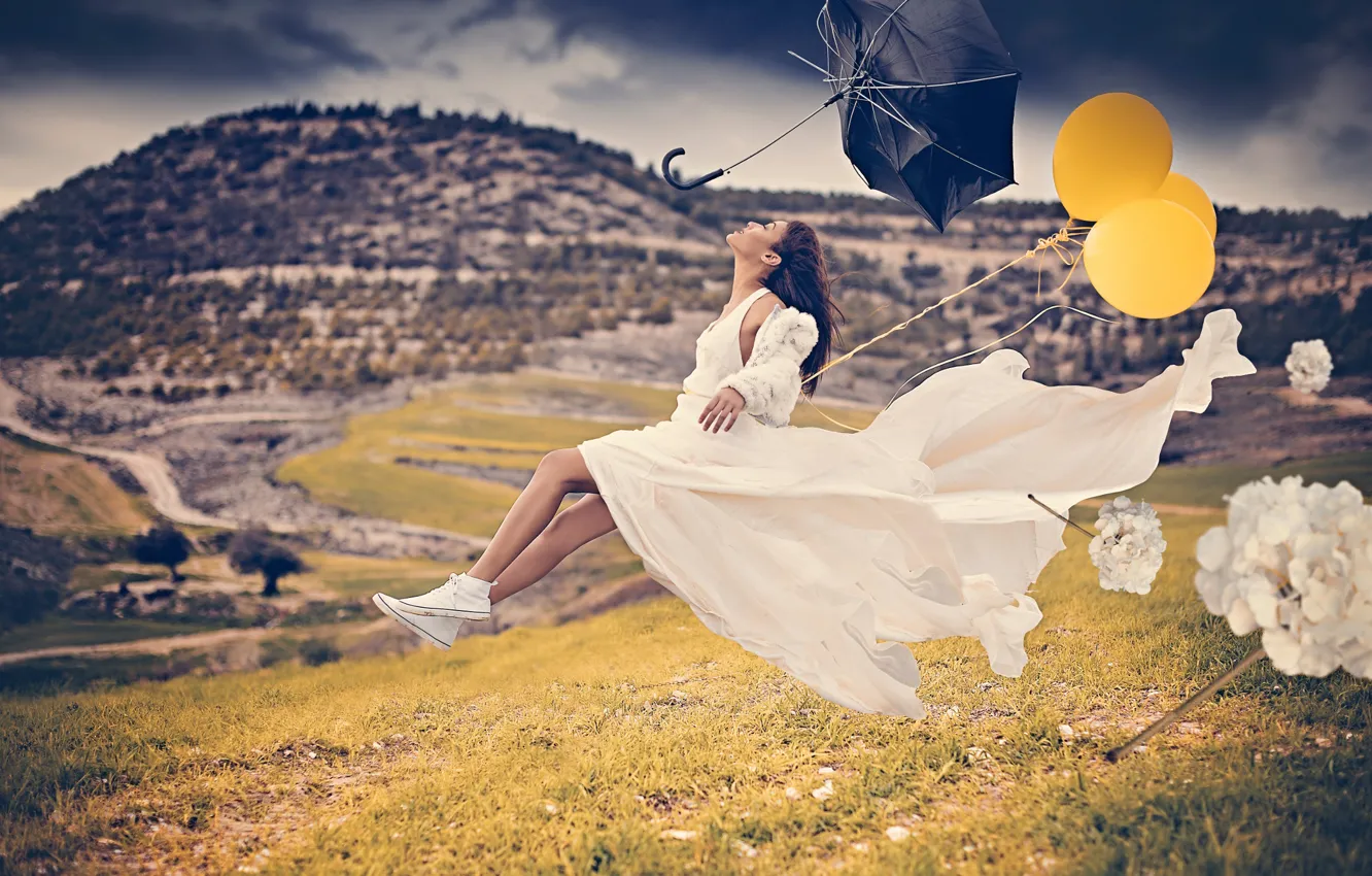Photo wallpaper girl, the wind, balls, umbrella, The Flying Bride