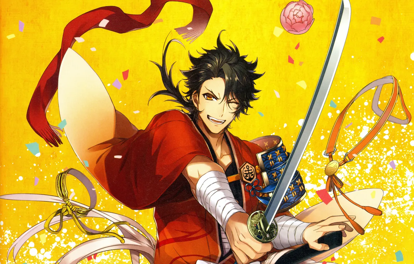 Photo wallpaper smile, katana, samurai, yellow background, bandages, red scarf, shoulders, Touken Ranbu