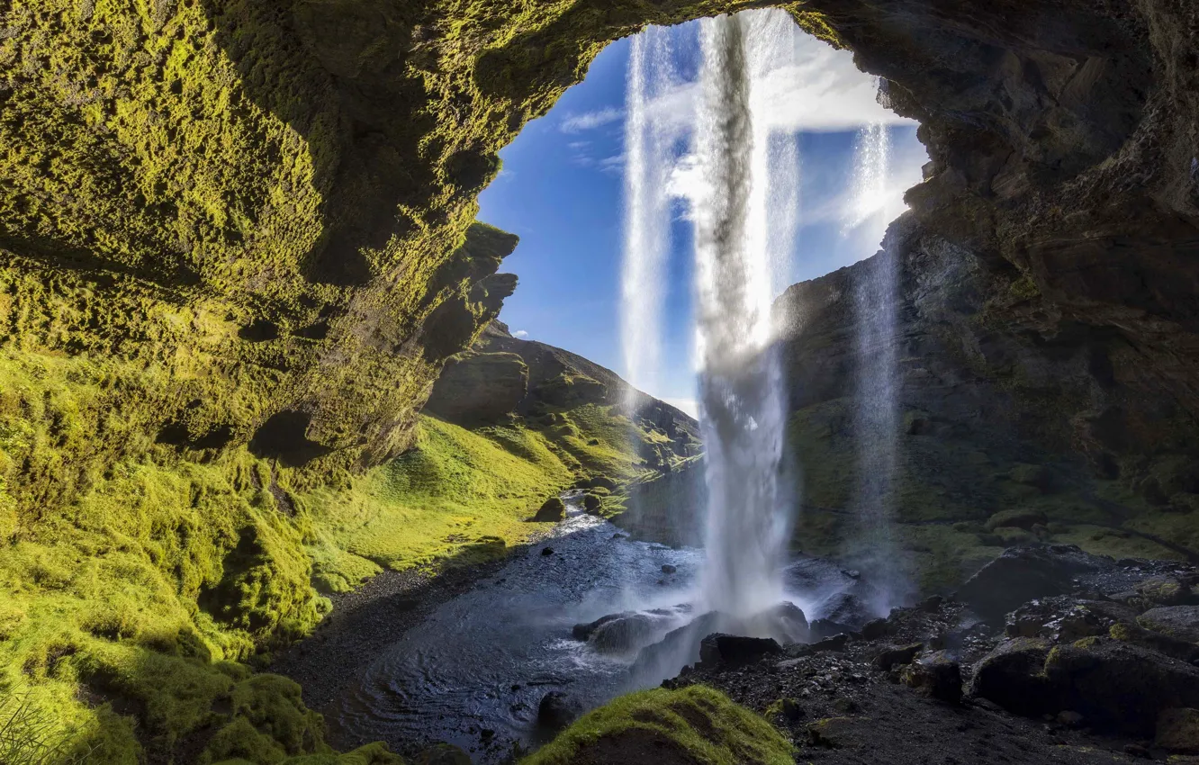 Photo wallpaper clouds, light, blue, stones, rocks, waterfall, moss, shadow