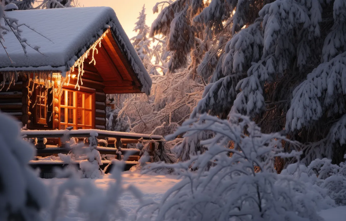 Photo wallpaper winter, forest, snow, house, house, hut, forest, winter