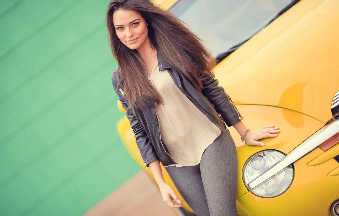 Photo wallpaper car, long hair, woman, young, beautiful, model, look, jacket