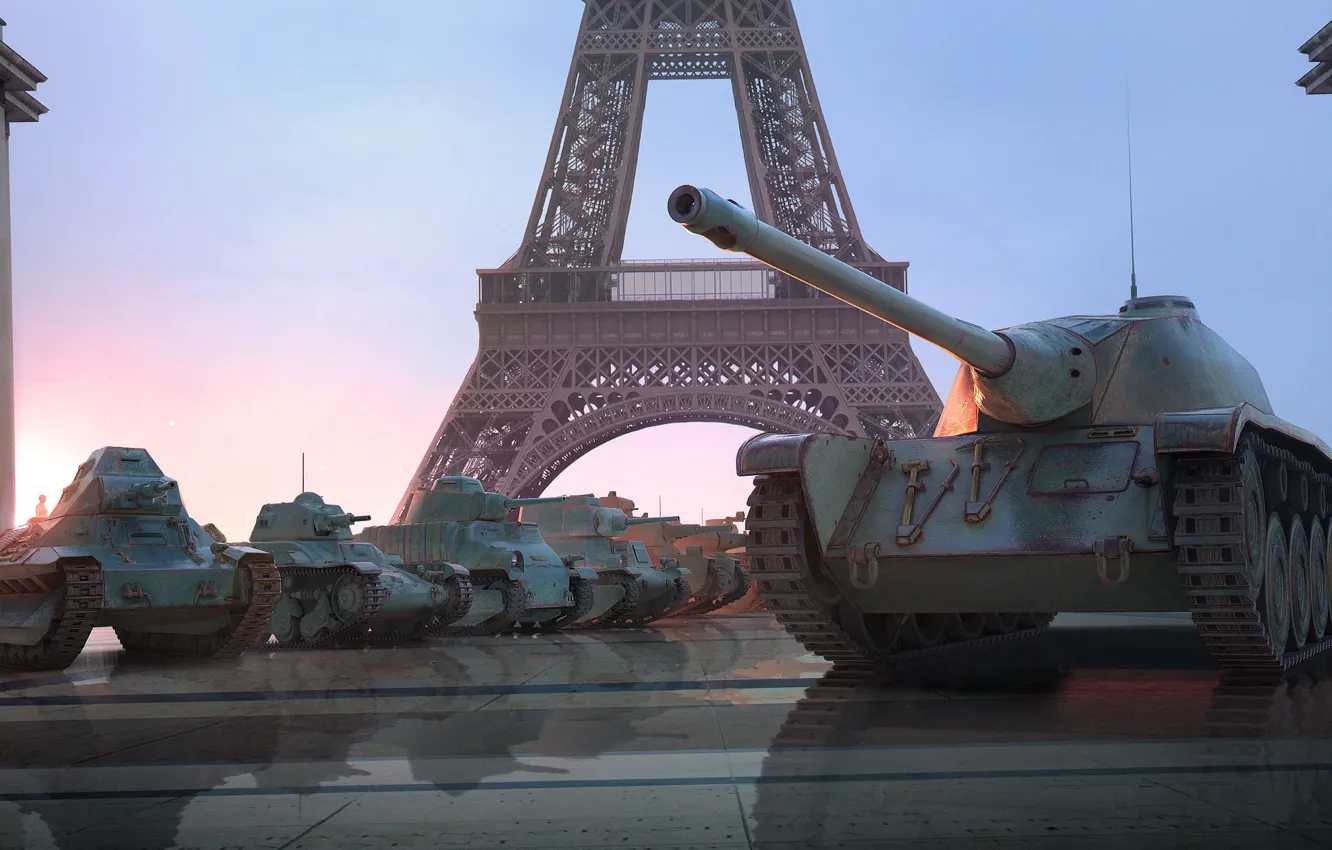 Photo wallpaper dawn, France, Paris, tank, Eiffel tower, WoT, World of Tanks