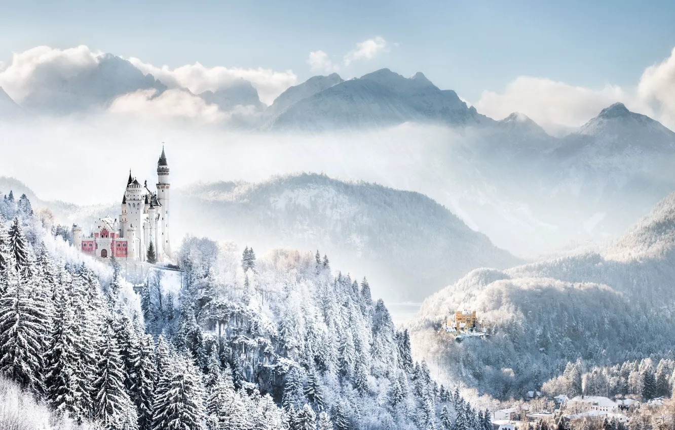 Photo wallpaper winter, frost, forest, the sky, clouds, snow, mountains, fog