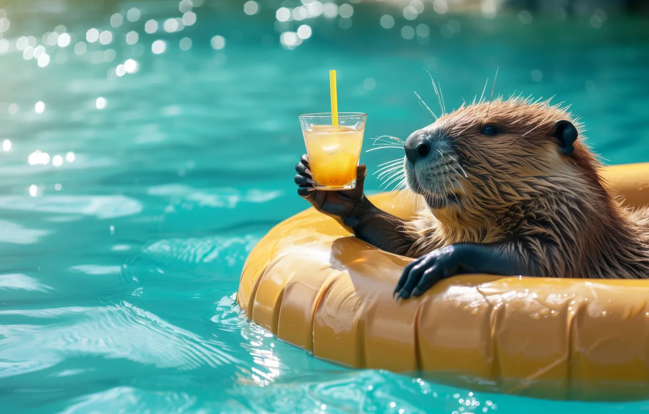Photo wallpaper yellow, drink, swimming pool, beavers, AI Art, Teal