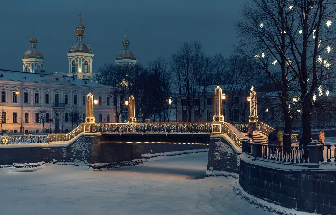Photo wallpaper winter, snow, trees, snowflakes, bridge, river, Saint Petersburg, Russia
