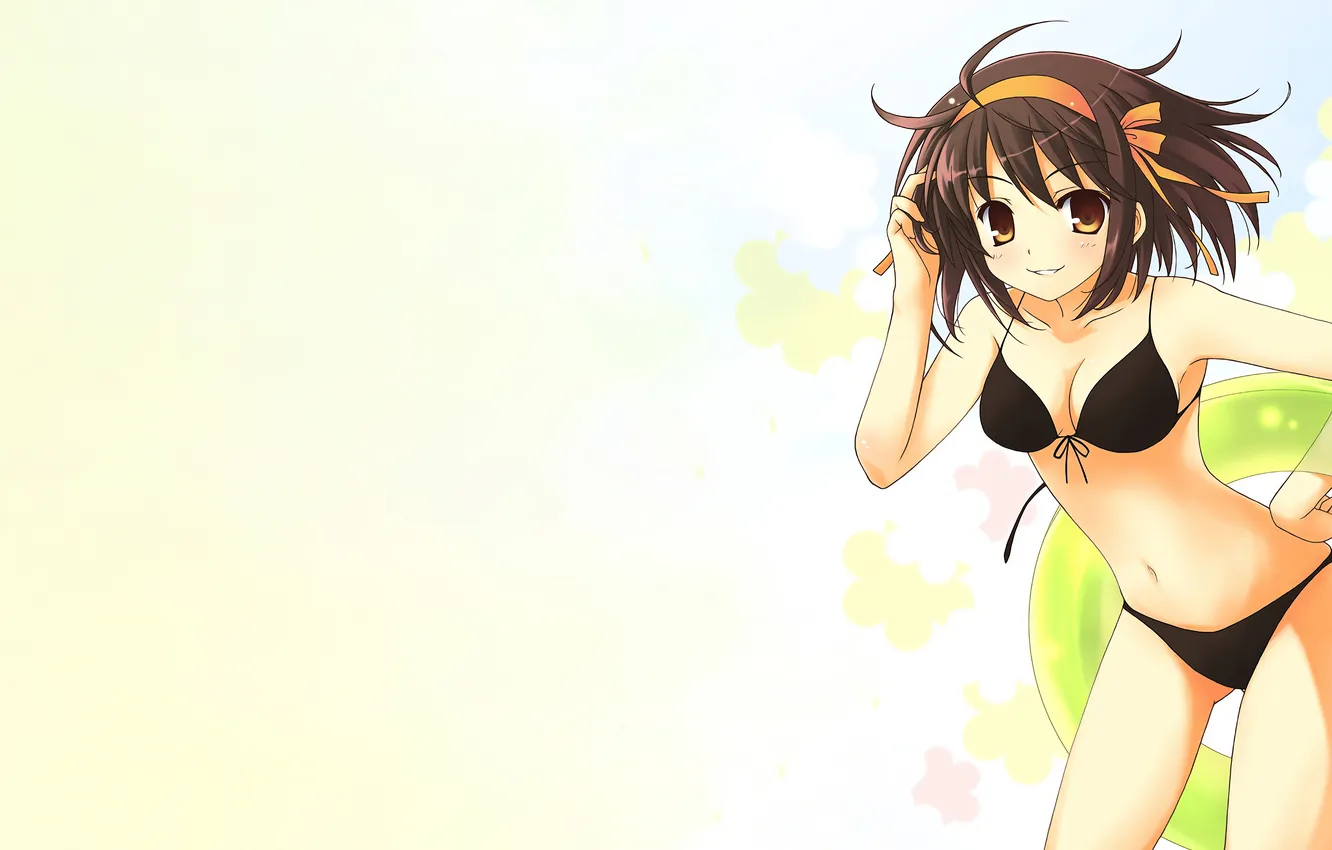 Photo wallpaper girl, sexy, cleavage, brown hair, brown eyes, boobs, anime, beautiful