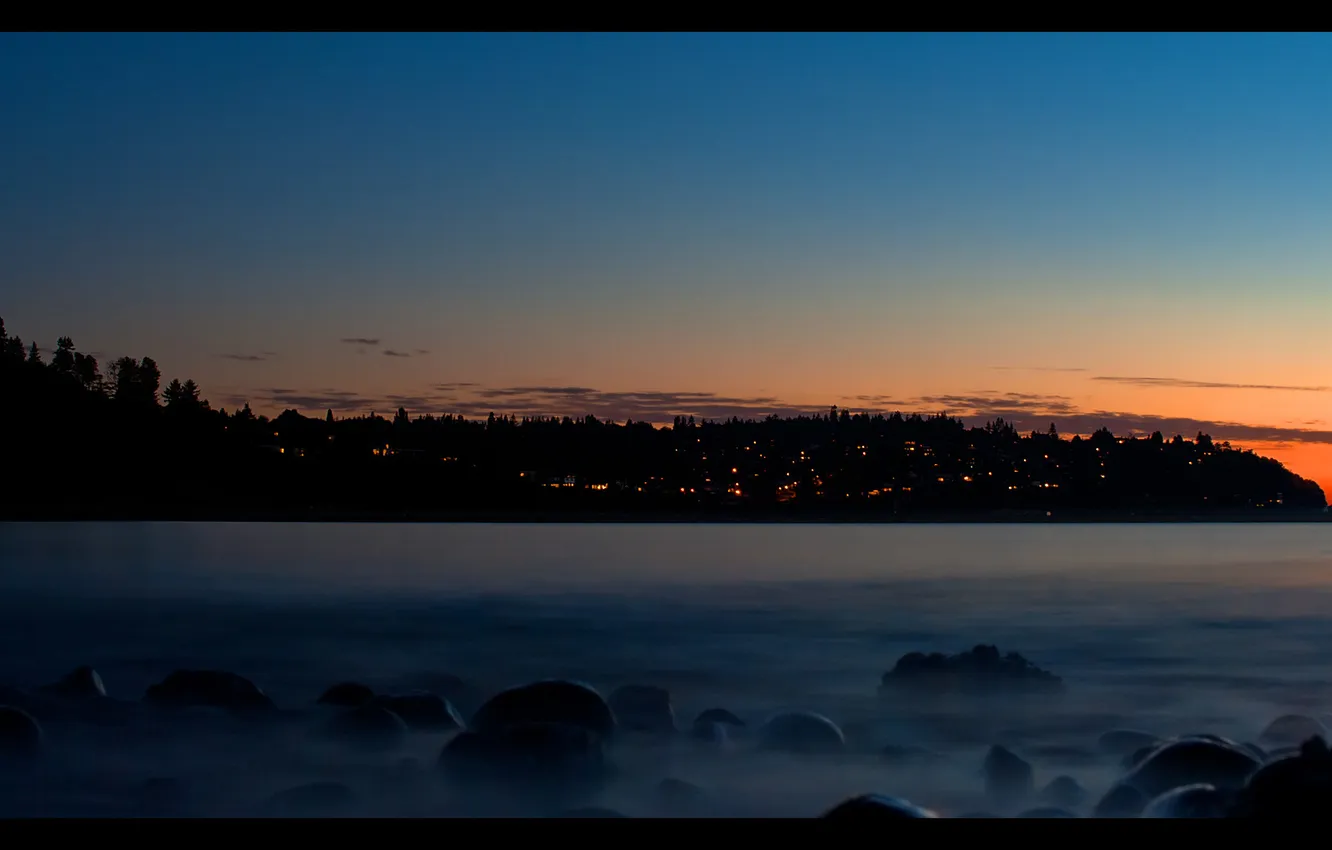 Photo wallpaper sunset, stones, shore, carkeek sunset