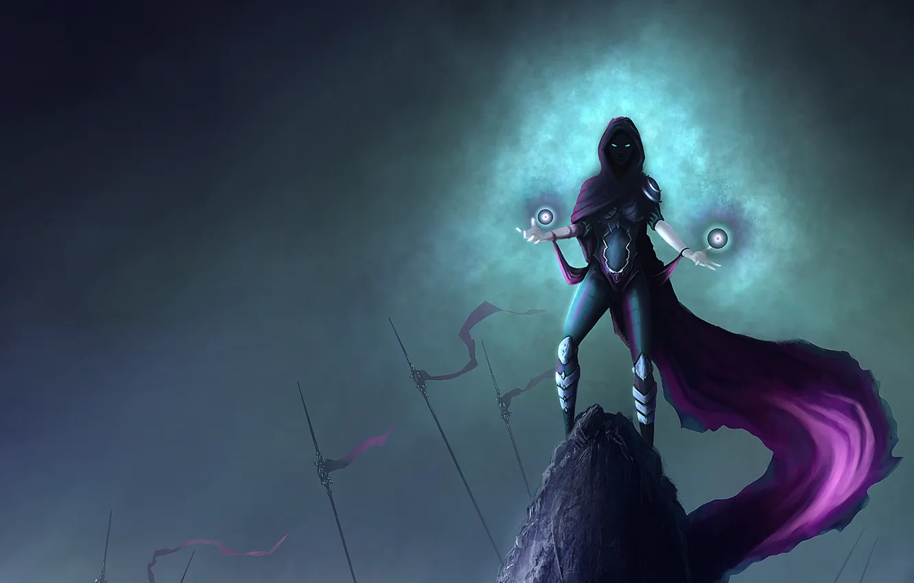 Photo wallpaper girl, stones, magic, armor, flag, cloak, sorceress, peak