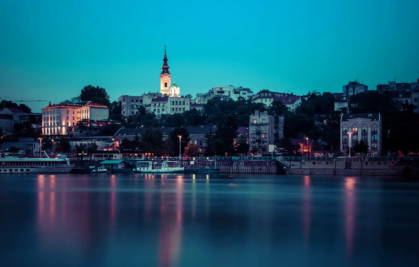Photo wallpaper night, lights, river, home, pier, lights, Serbia, belgrade