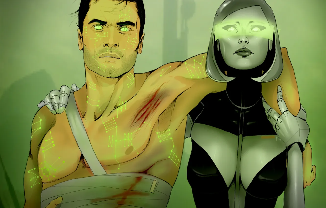 Photo wallpaper mass effect, art, wounds, Kaidan Alenka, edi, green light, synthesis