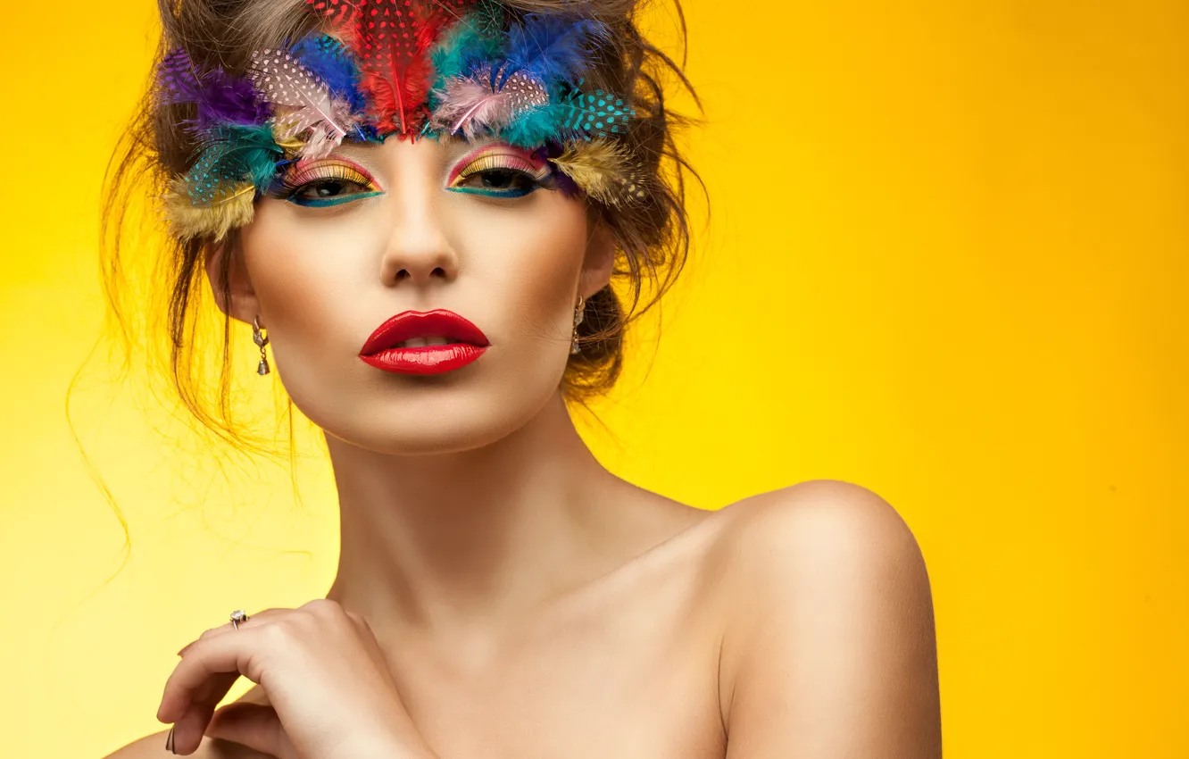 Photo wallpaper eyes, look, girl, face, hand, feathers, makeup, shoulders