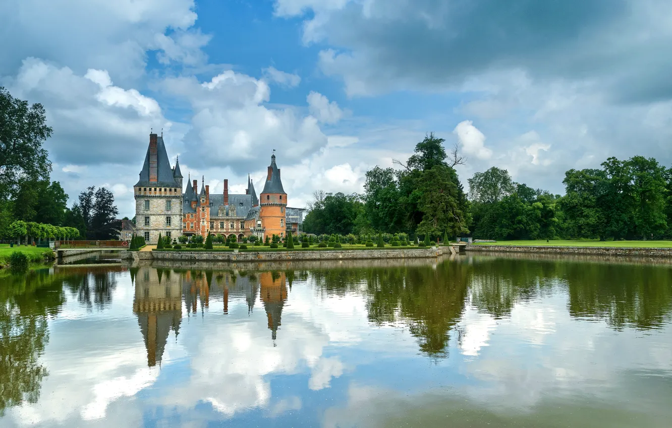 Photo wallpaper water, clouds, trees, design, pond, reflection, castle, lawn