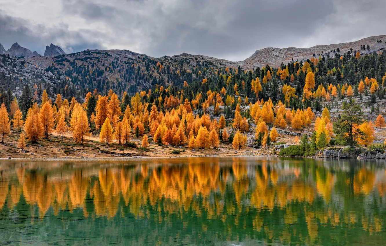 Photo wallpaper Reflection, Mountains, Autumn, Lake, Italy, Landscape, Dolomites