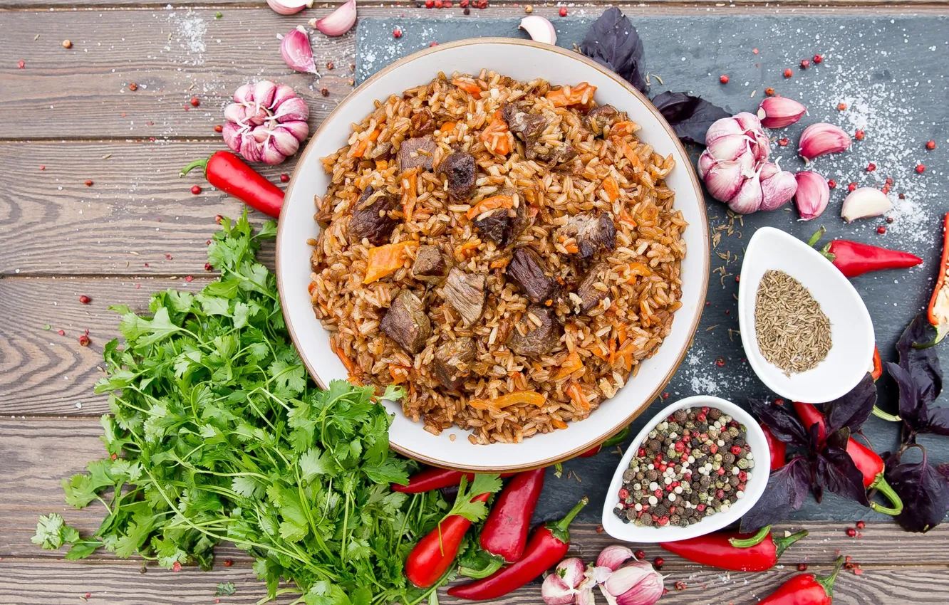 Photo wallpaper meat, pepper, parsley, garlic, Basil, pilaf