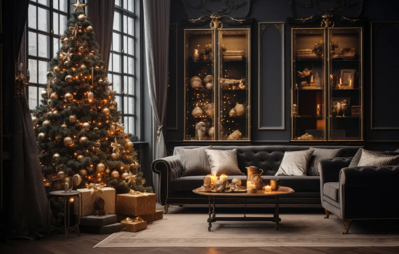 Photo wallpaper room, tree, interior, Christmas, New year, Christmas, tree, interior