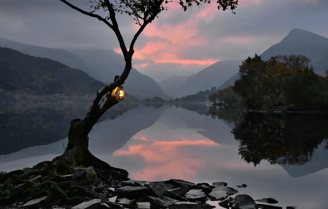 Photo wallpaper trees, mountains, nature, lake, lights, Wales, Llyn Padarn