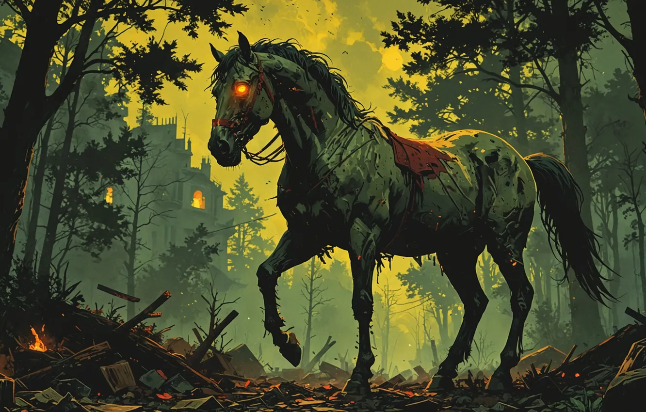 Photo wallpaper forest, horse, horse, zombies