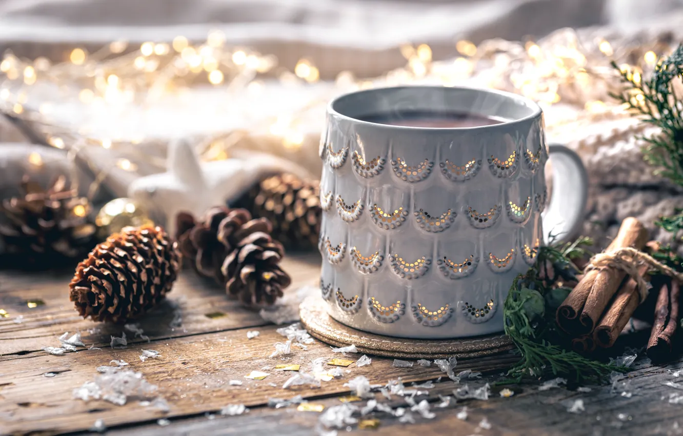 Photo wallpaper light, branches, comfort, holiday, Board, new year, Christmas, mug