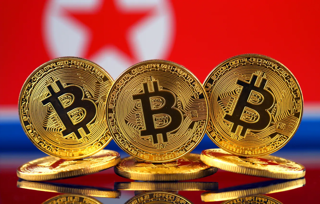 Photo wallpaper blur, flag, coins, flag, North Korea, coins, bitcoin, btc