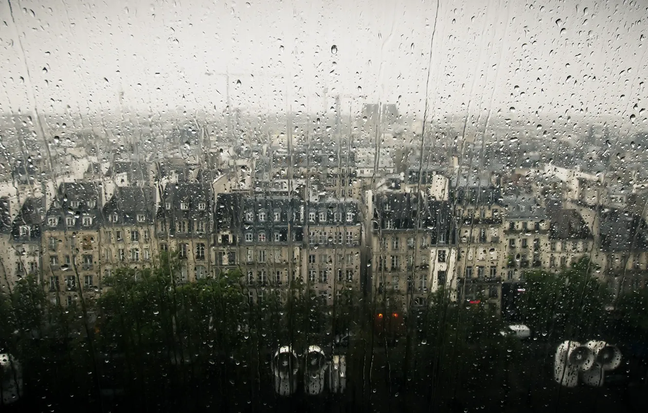 Photo wallpaper drops, the city, rain, window