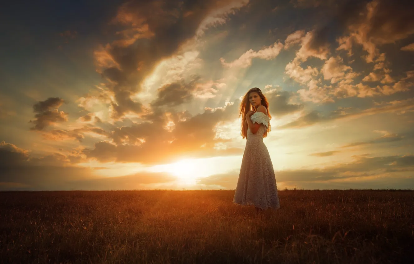 Photo wallpaper field, the sky, grass, clouds, sunset, dress