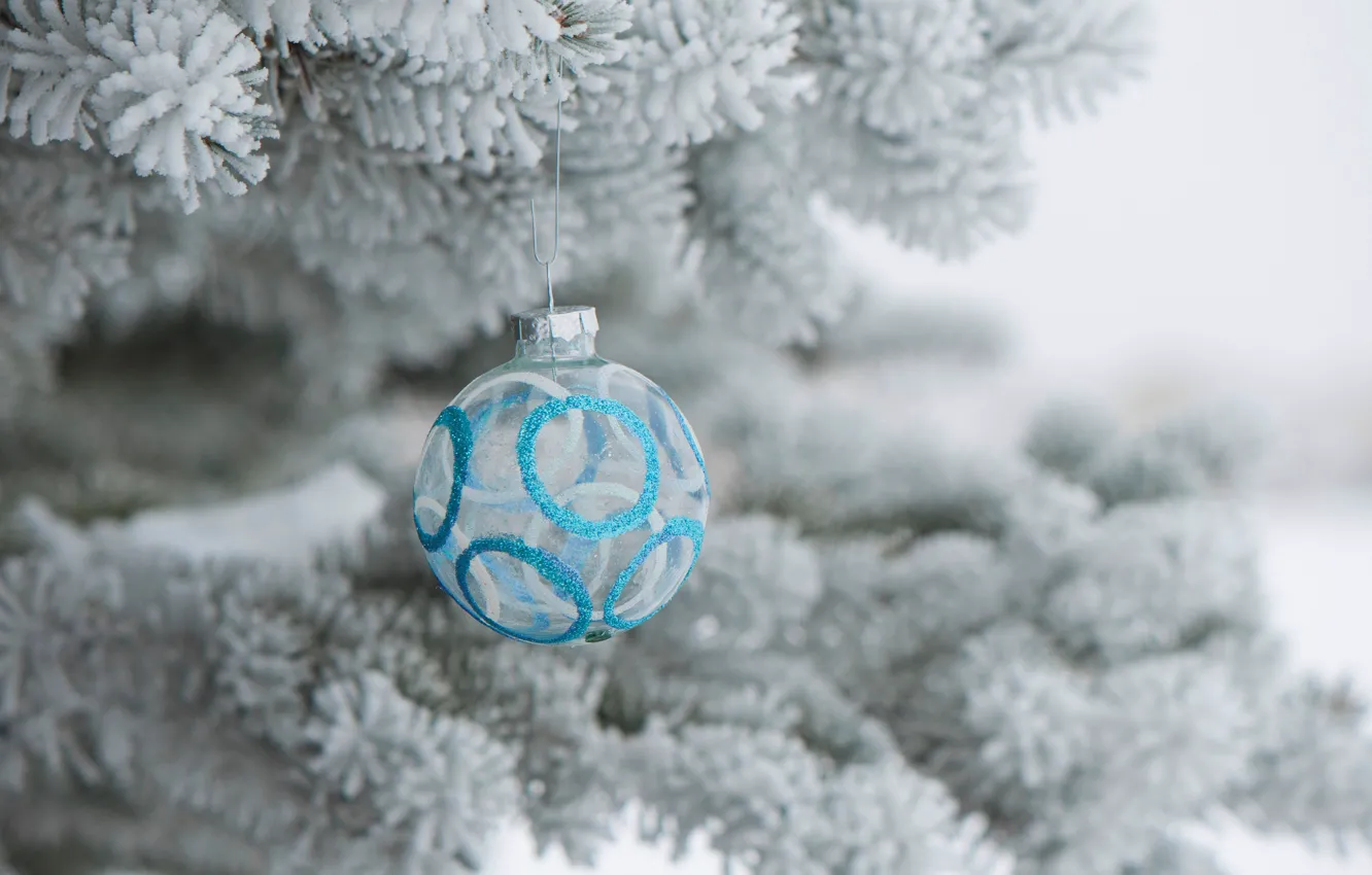 Photo wallpaper frost, holiday, toy, tree, ball