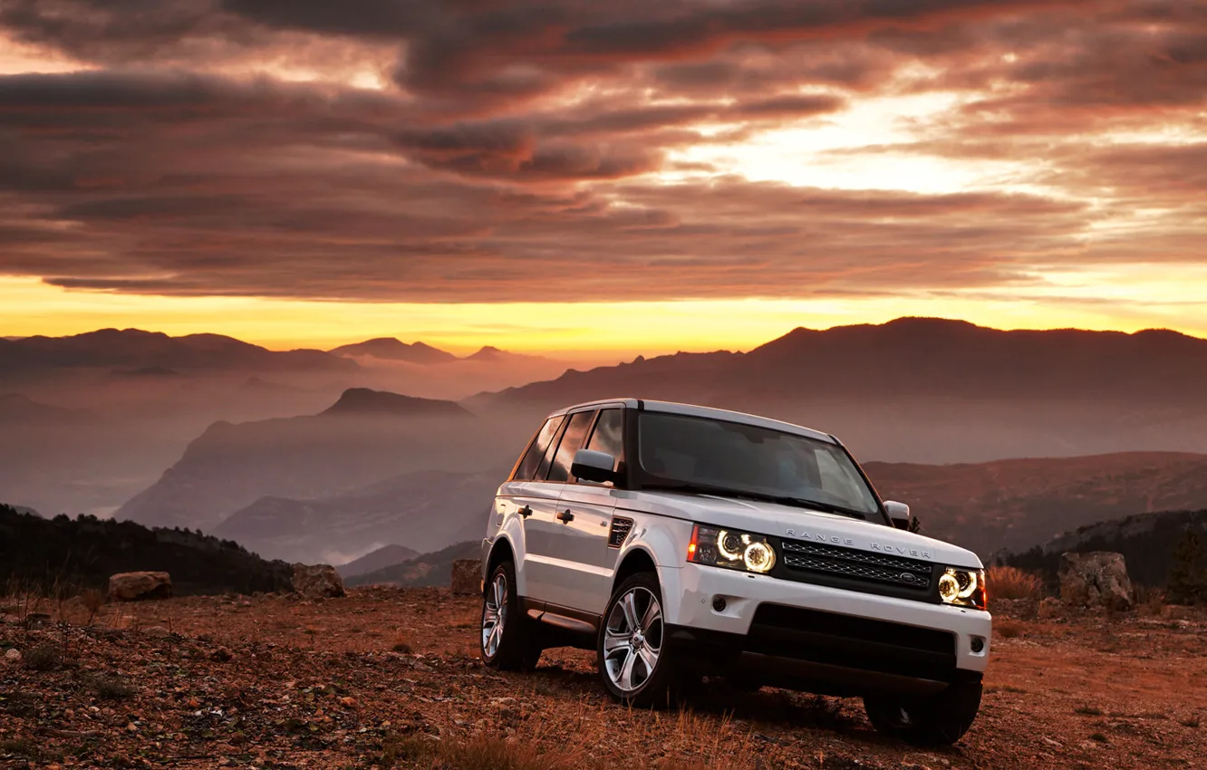 Photo wallpaper auto, white, sunset, mountains, Range Rover