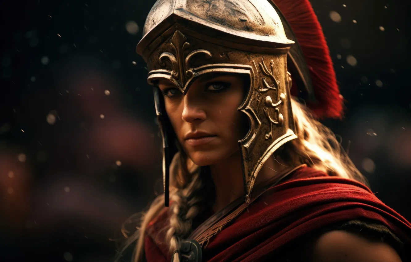 Photo wallpaper look, girl, hair, helmet, warrior, closeup, digital art, Ancient Greece