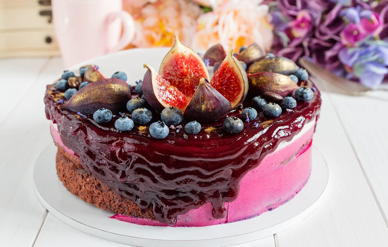 Photo wallpaper berries, table, blueberries, Cup, sweets, cake, jam, bokeh