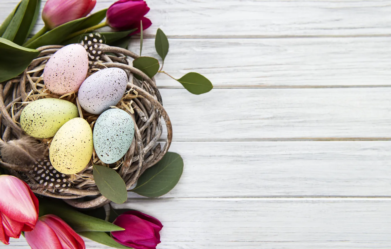 Photo wallpaper flowers, eggs, spring, colorful, Easter, tulips, wood, flowers