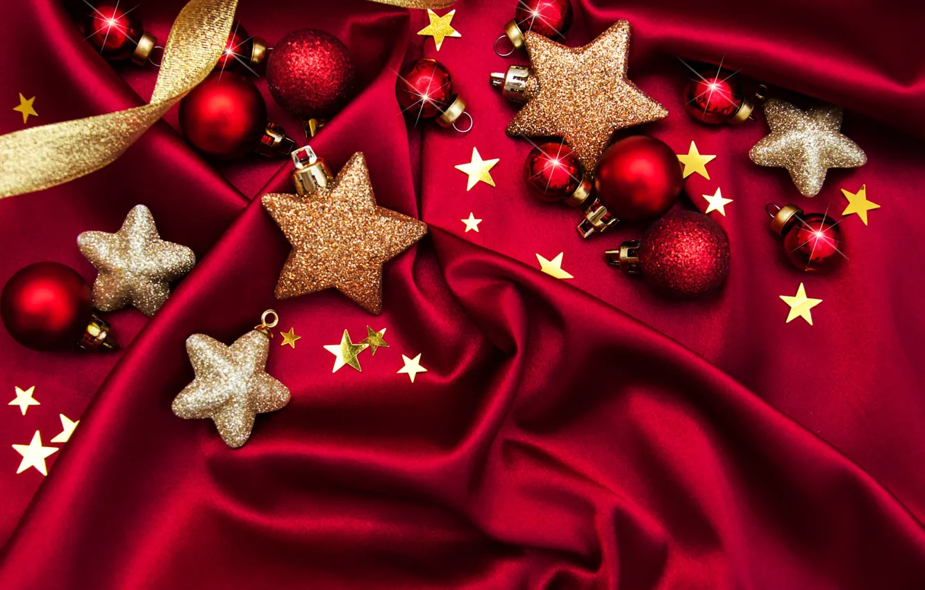 Photo wallpaper decoration, balls, silk, New Year, Christmas, red, christmas, balls