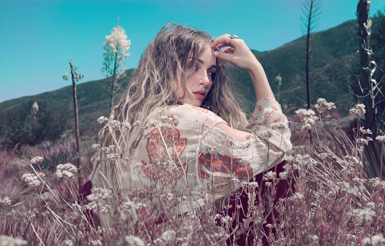 Photo wallpaper field, summer, look, girl, dress, Zella Day