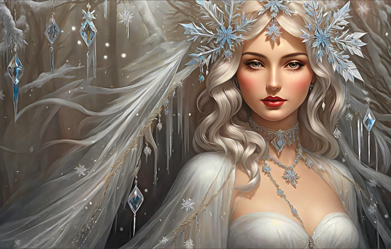 Photo wallpaper winter, girl, snow, new year, Christmas, maiden, the snow Queen, AI art