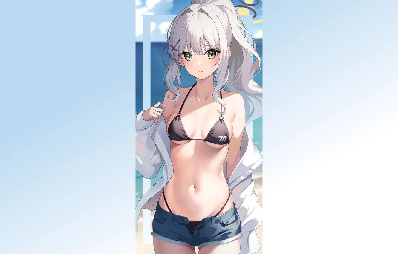 Photo wallpaper girl, beach, ocean, anime, pretty, Denim, babe, cute