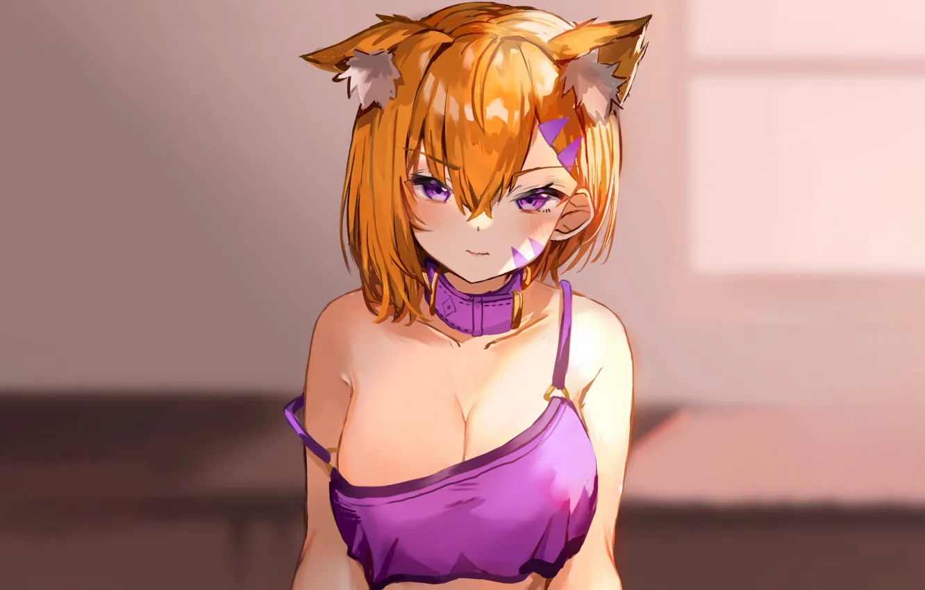 Photo wallpaper girl, sexy, cleavage, blouse, boobs, animal ears, anime, beautiful